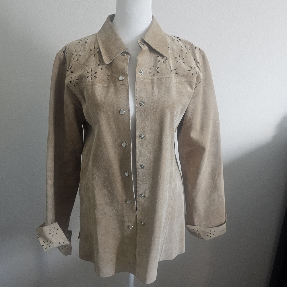White House Black Market 100% Leather Boho Western Floral Cutout Design Jacket